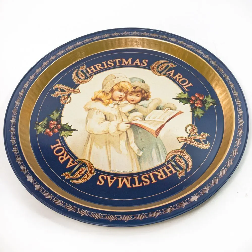 Vintage 1995 A Christmas Carol Round Aluminum Serving Tray Victorian Girls